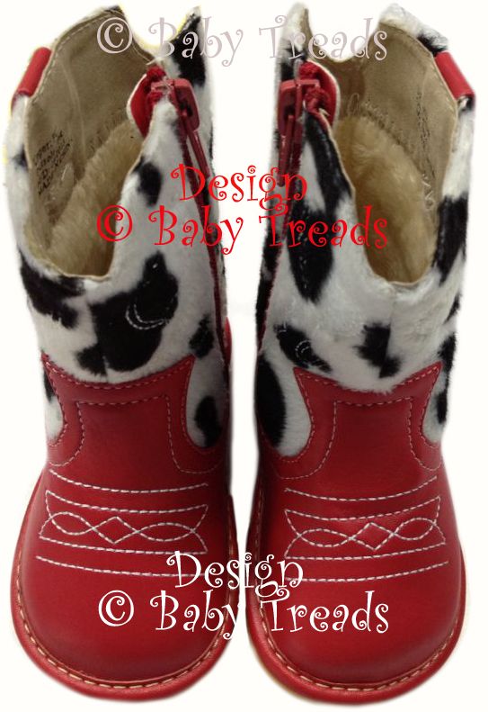 Squeaky Shoes Girls Cowboy Boots RED w Black Cow Print OAK Cowgirl OAK