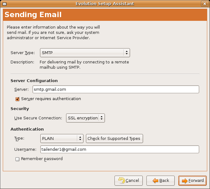 Evolution Configuring SMTP Server