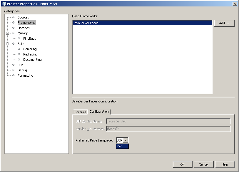 Frameworks dialog with Configuration tab selected
