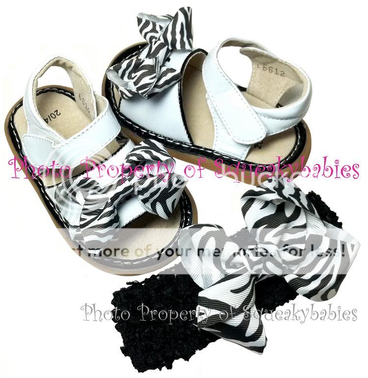 Girls Squeaky Shoes White Sandal Black Trim AAB U Choose Bow Color and 