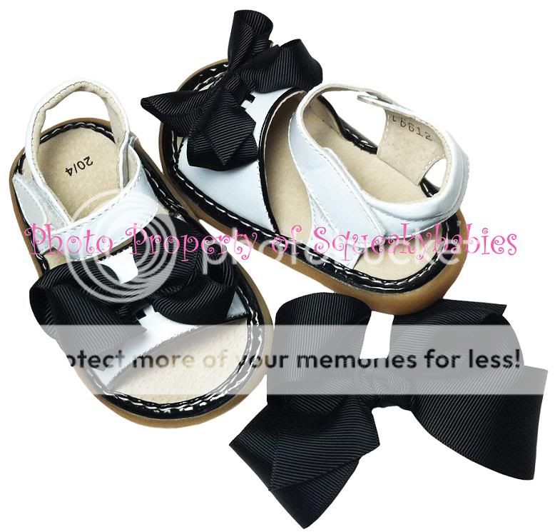 Girls Squeaky Shoes White Sandal Black Trim AAB U Choose Bow Color and 