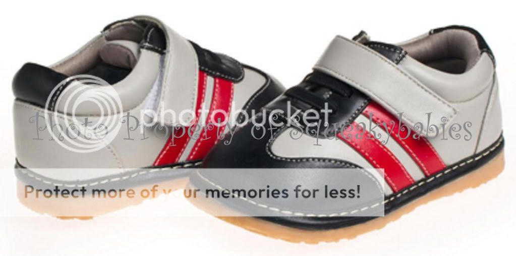 Squeaky Shoes Boys Gray Black with Red Racing Stripes SIngle Strap 