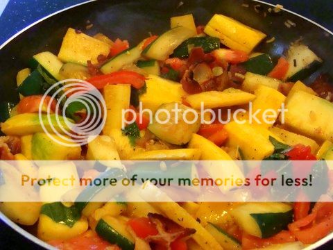 Bacon with summer squash, tomato and herbs