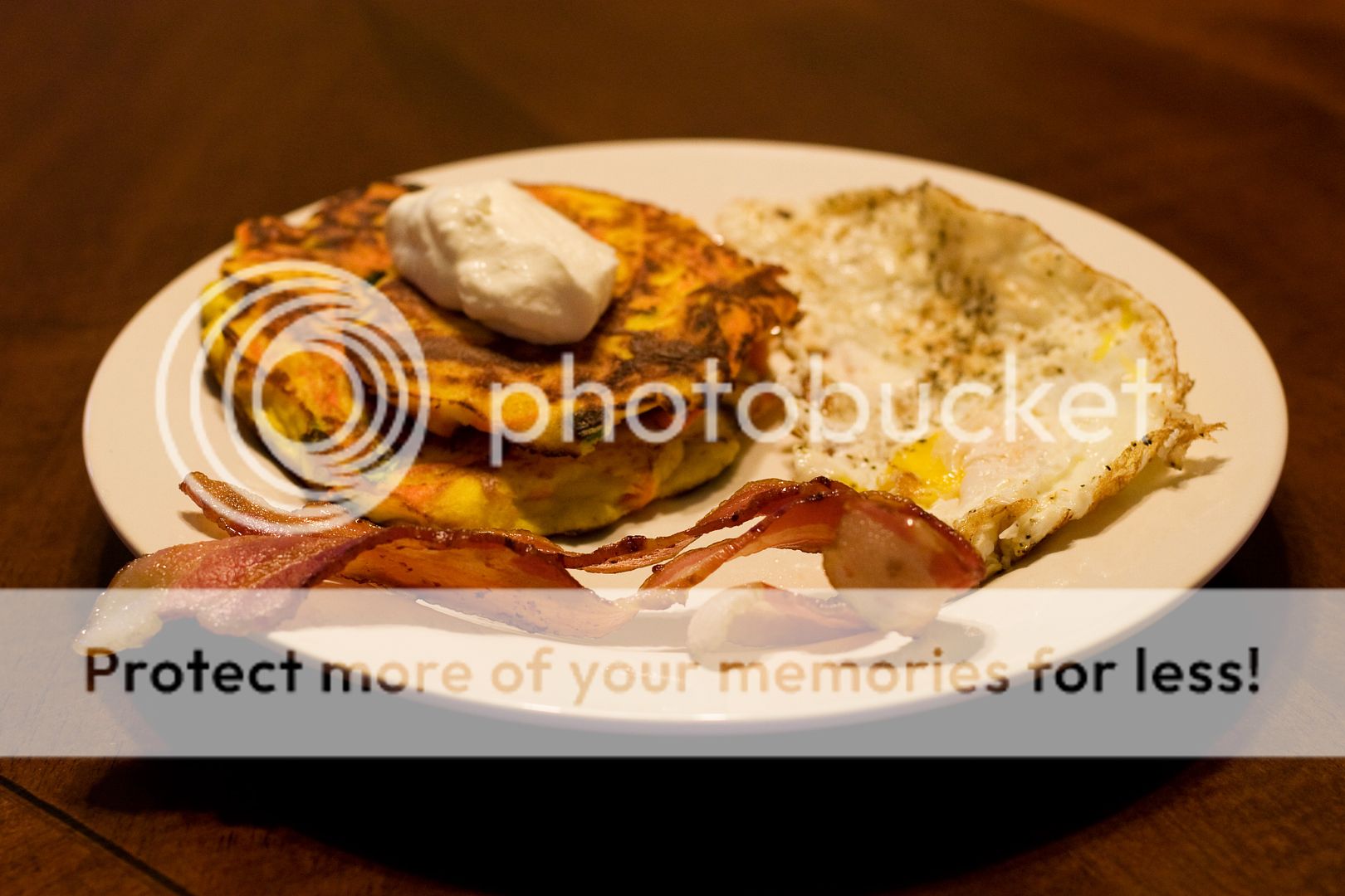 Bacon, Egg, and Savory Vegetable Pancakes topped with Greek yogurt