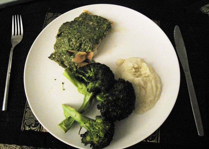 Salmon with homemade spinach cashew pesto, pureed cauliflower and grilled broccoli