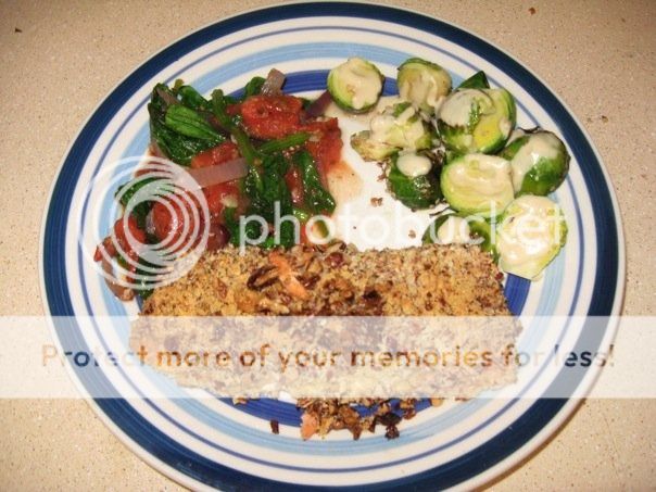Nut Encrusted Salmon, Brocolli with Tahini Sauce and Wilted Spinach with Tomatoes and Onion