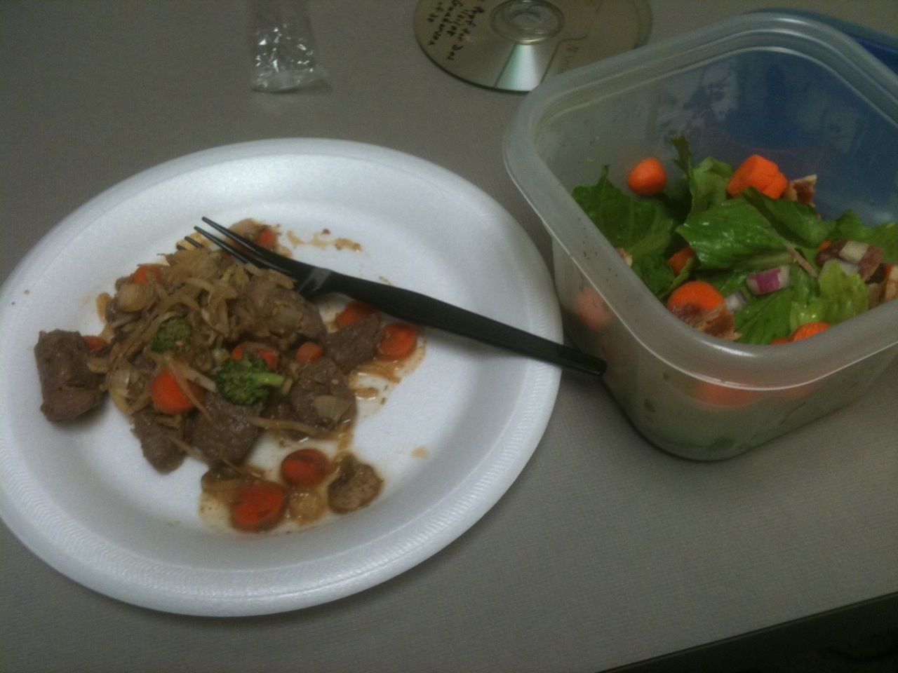 Salad and leftover beef and broccoli stir fry from the PB Cookbook