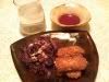 Coconut Chicken Strips with spicy raspberry dipping sauce and Purple Primal Haluski