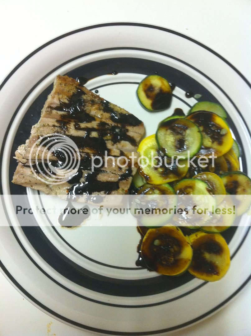 Grilled ahi tuna and sauteed squash and zucchini with a balsamic reduction